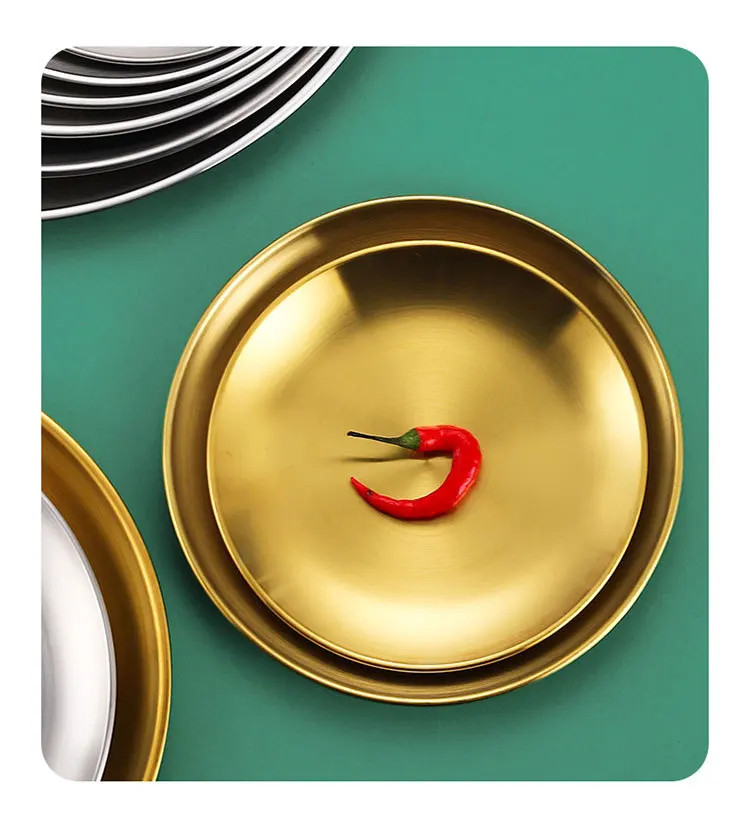 New round 304 stainless steel plate barbecue fruit cake plate retro tray tableware