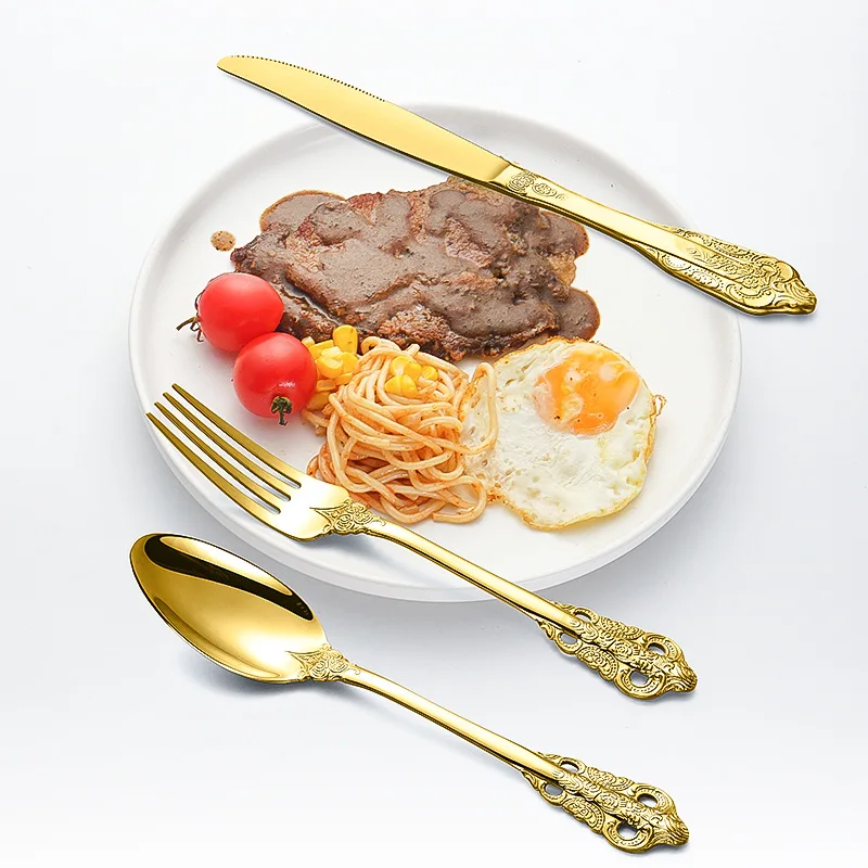 Royal Stainless Steel Dinnerware Set Vintage Palace Style 12/16/24 Pcs Knife Fork Spoon Cutlery Set