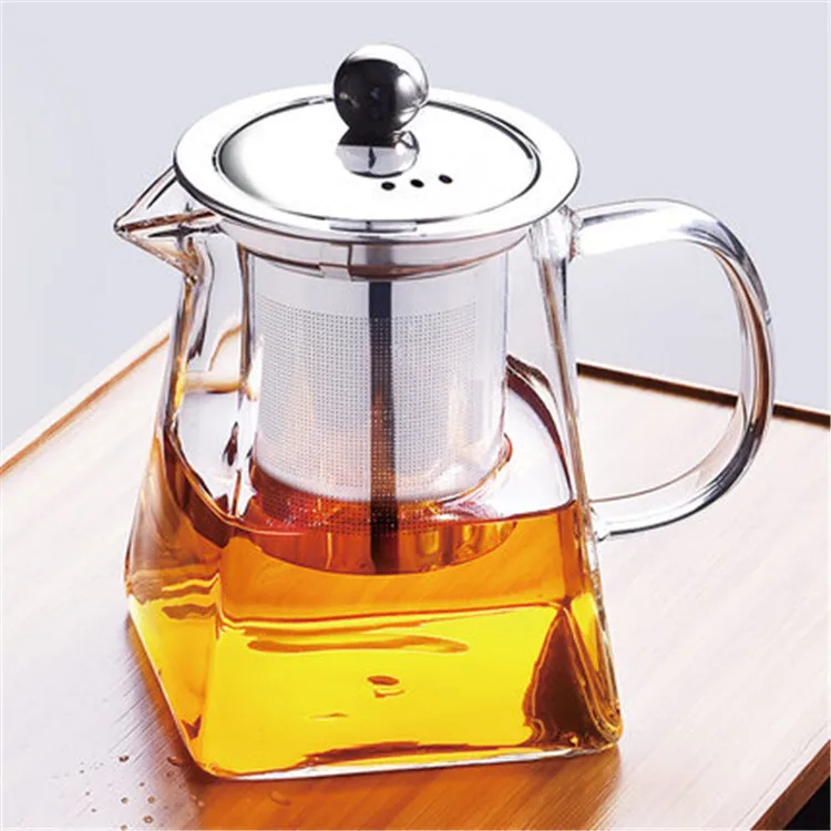 New design square shape pyrex glass teapot with handle and stainless steel infuser