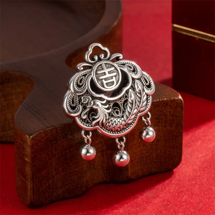 Chinese style s999 silver ancient style auspicious Phoenix lock pendant retro Xiangyun hollowed out Ruyi peace lock