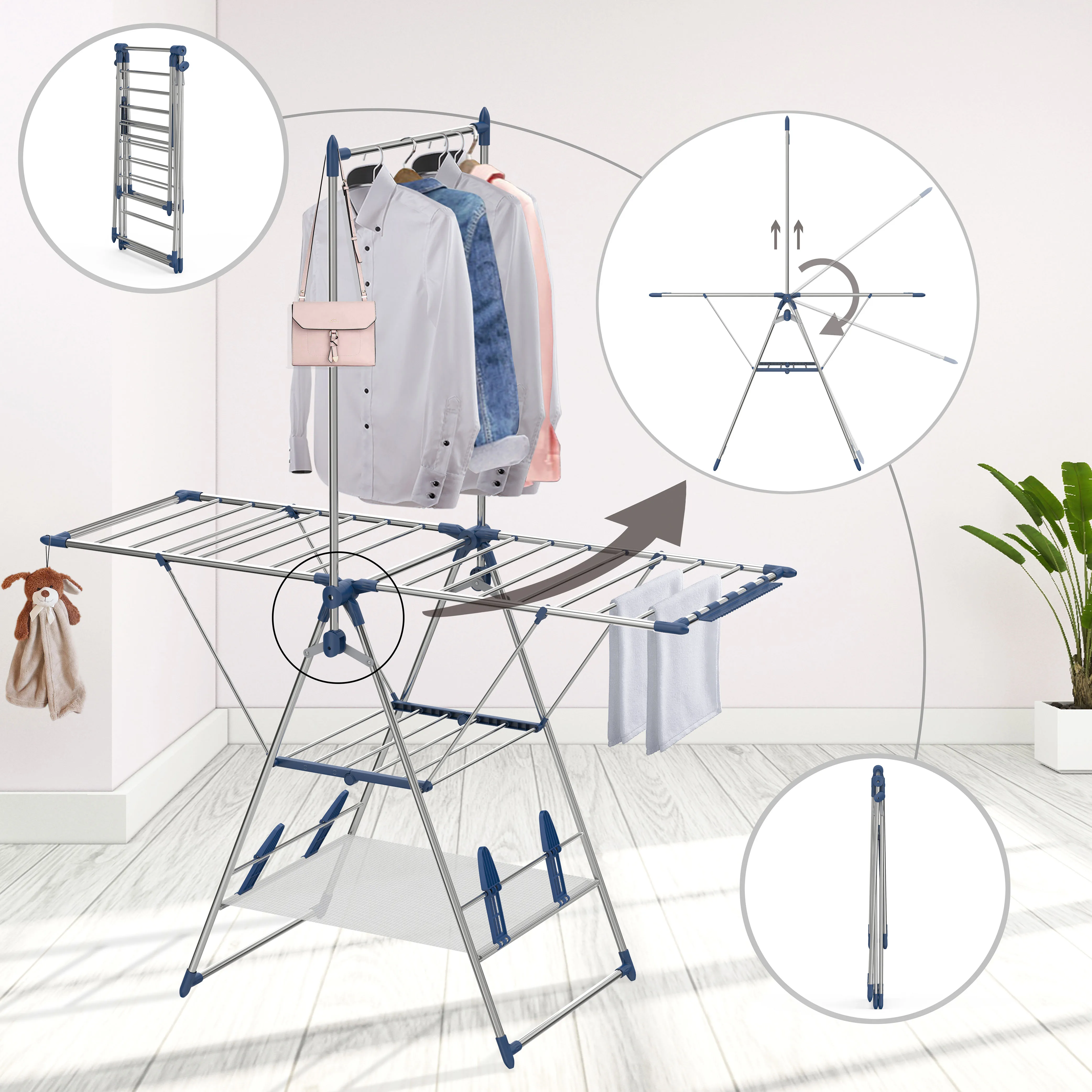 WIREKING 2023 New 14M Drying Space Stainless Steel Cloths Dry Stand Have Socks Clip Shoe Holder Clothes Drying Racks