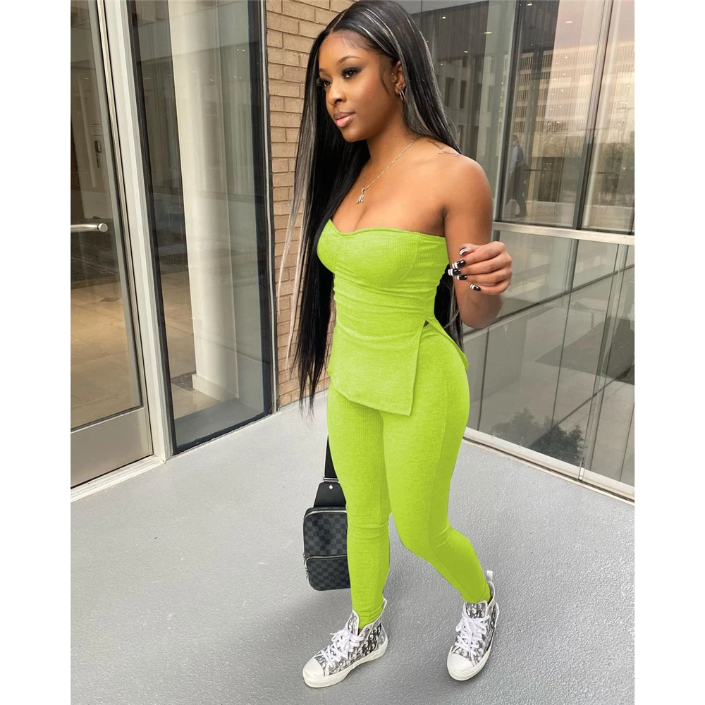 EB-2022052414   Ribbed 2 Piece Pants Set Women Off Shoulder Slim Fit Casual Two Piece Set Dresses Women 2022 Summer Clothes