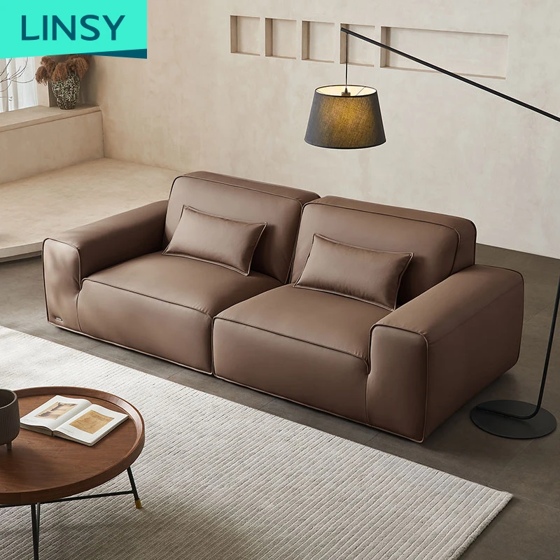 Linsy Luxury big black leather living room sofa furniture villa sofa Italian design sectional couches