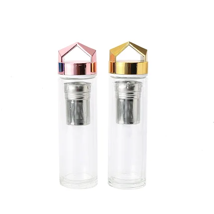 2023 hot selling double wall fruit tea infuser glass water bottle with rose gold metal cap bamboo lid
