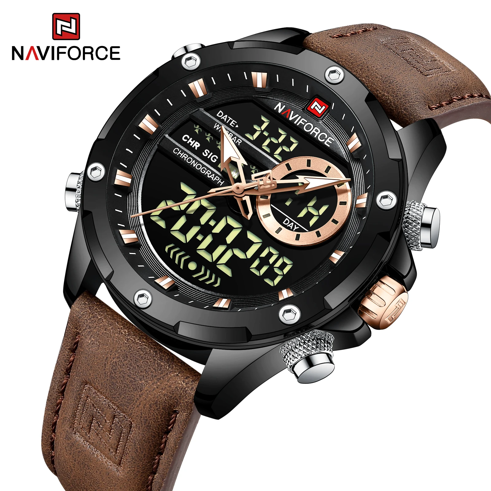 New Arrival NAVIFORCE 9208 Genuine Leather Strap Auto Date Analog LED Digital Quartz Watches For Men