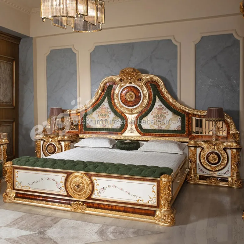 European classical antique bedroom furniture solid wood handmade French luxury royal king size gold foil bed