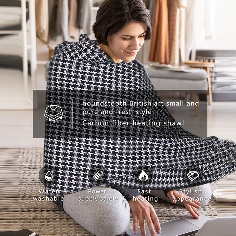 Houndstooth Durable And Fresh Style Carbon Fiber Supply Safe Heating Scarfs Shawls For Women