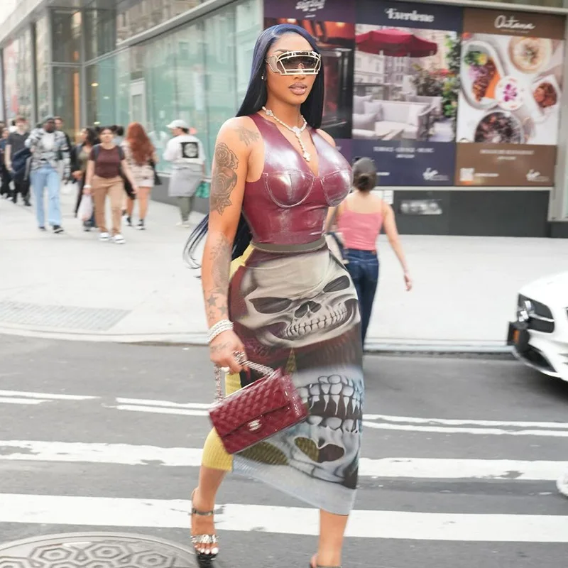 CUTENOVA Z1214DS 2025 Summer Trend Women Sexy See Through Skinny Stretch Long Skirts Print Skirts