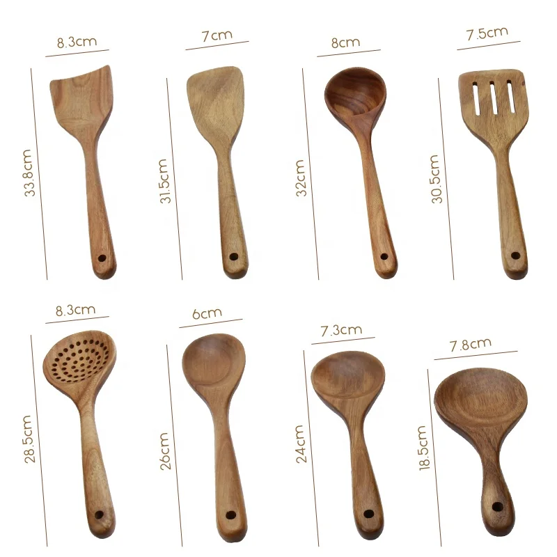High quality cookware set 8 pcs acacia wood kitchen tool wooden cooking utensil