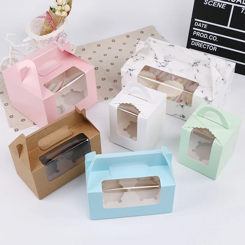 Hot Sale Muffin Box  2/4/6 Grid Transparent Window White Cardboard Portable Paper Cupcake Box with Handle