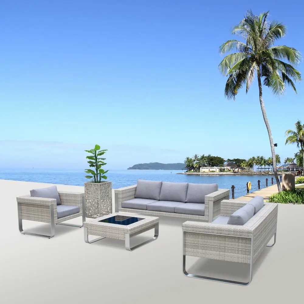 Luxury aluminum PE rattan outdoor furniture patio villa garden sofa lounge with brushed aluminum legs