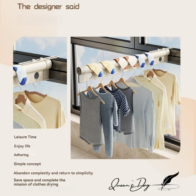 Wall-Mounted Telescoping  Metal Folding Clothes Dryer Rack with Buckle Collapsible and outside Window Space-Saving