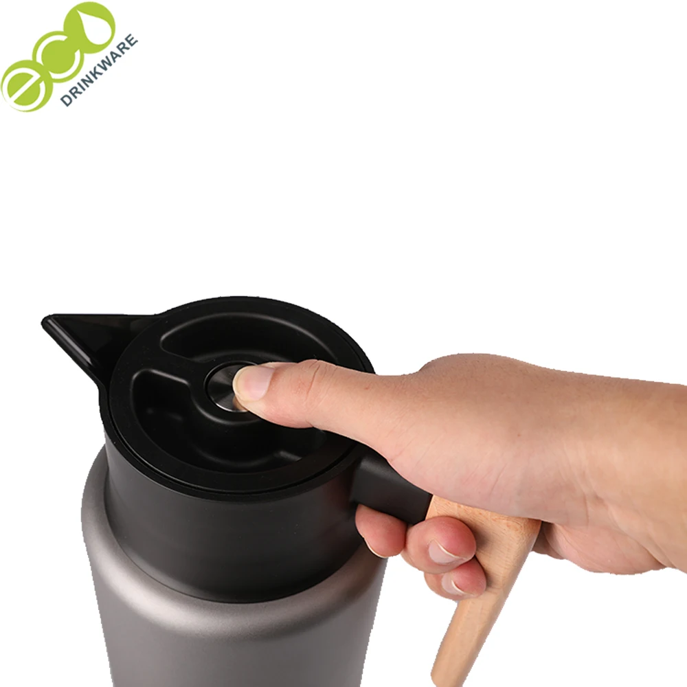 GT006 Eco-friendly Double Wall Vacuum 304 Stainless Steel wood lid Thermos Vacuum coffee flask tea pot with infuser