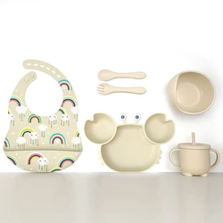 RTS детская посуда набор Bebe силиконовые ложки для кормления, Комплект всасывания пластины принтом нагрудник дизайн Babero и набор столовых приборов с Соломенная чашка