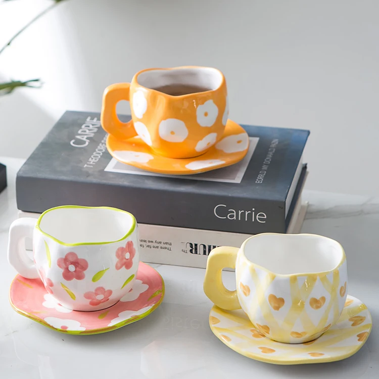 Modern nordic cute irregular flower design custom 200ml porcelain cup set ceramic pink expresso coffee cups with saucer