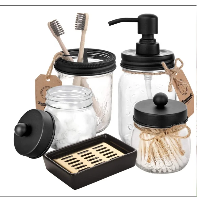 Wholesale Hand Sanitizer Pump Cover Glass Mason Jar With Black Soap Dispenser Bathroom Accessories