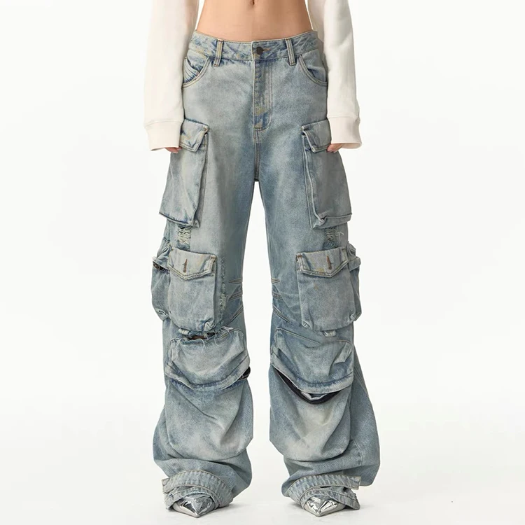 custom Logo OEM ODM baggy loose cargo jeans men with multi pockets distressed washed jeans men denim cargo pants