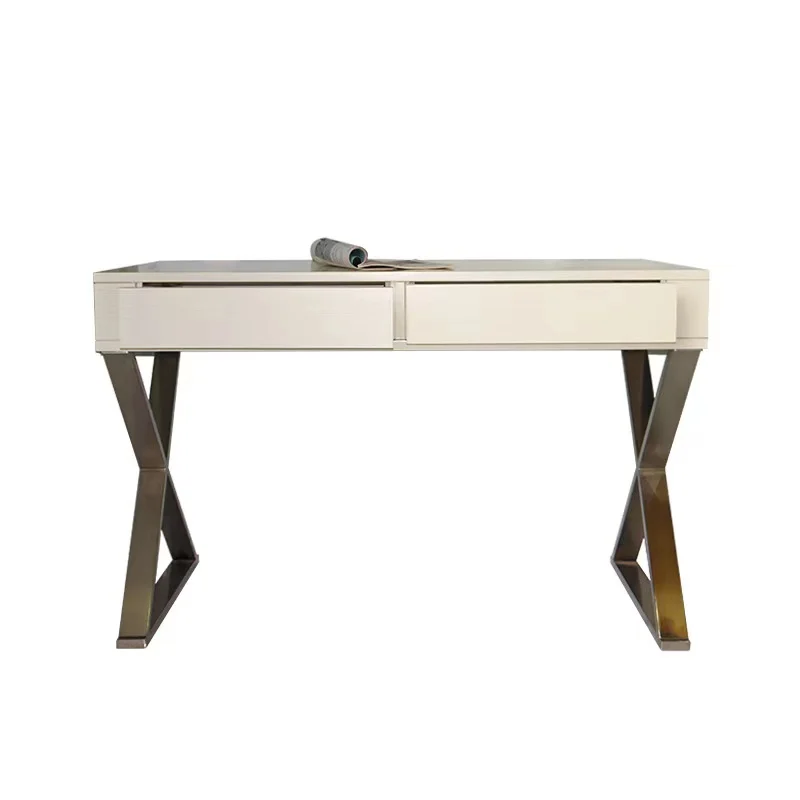 Modern Nordic Style Wooden Top Steel Legs White Makeup Dresser For Bedroom Dressing Table With 2 Drawer