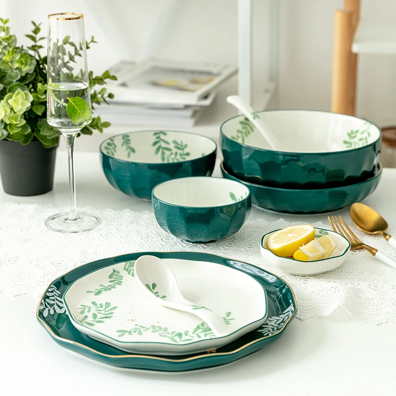 
Jade-cer green and white color ceramic dinner set with decal tableware set 