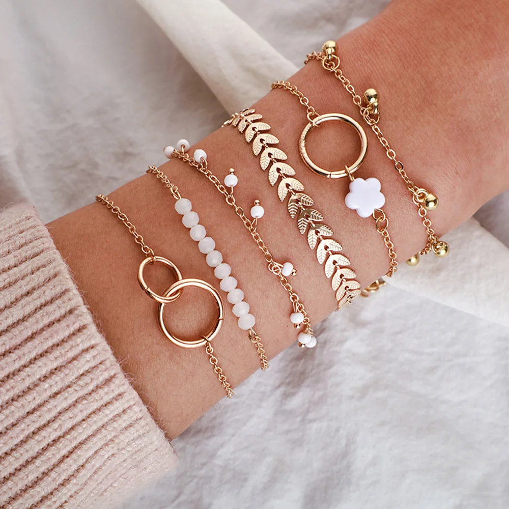 Femtindo 6pcs/set Boho Bracelets Gold Fashion Women Girls Fish Bone BBMK068