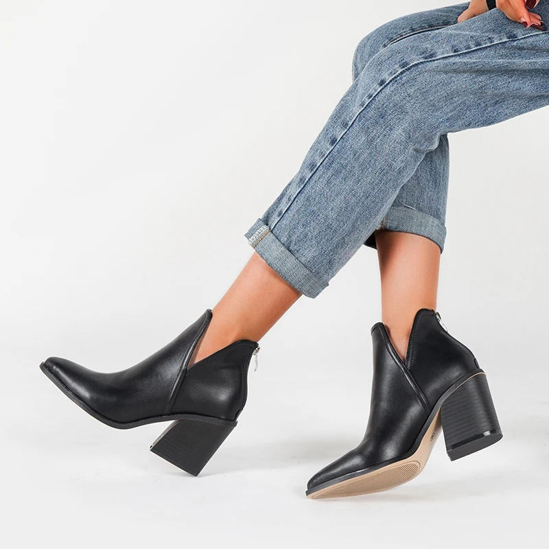 Customized Leopard Print Short Boots High Heel Martin Boots Chunky Heel Pointed Toe Zipper Ankle Nude Boots For Women