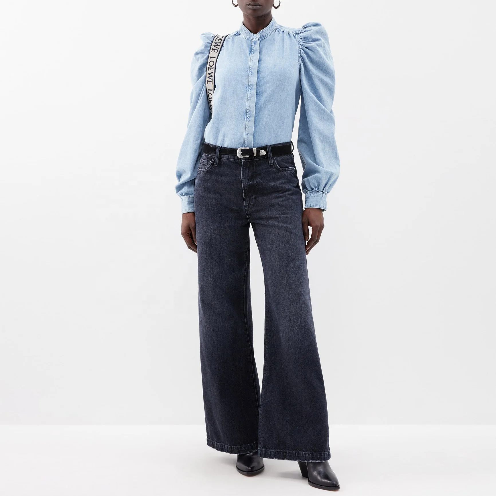 Women OEM/ODM Custom Official Ladies Blouse Denimjeans Shirred Shoulders Long Sleeve Top Puff-sleeve Lightweight Cowboy Shirt