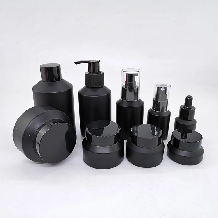 200ml 120ml 100ml 60ml 30ml 15ml serum packaging bottles 100g 50g 30g 15g cream jars matte frosted black glass cosmetic bottle
