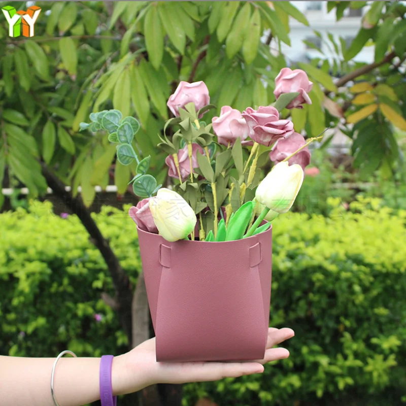YY Home Decor PU Fake Flower Arrangement Container Leather Flower Basket Fake Flower Storage Box