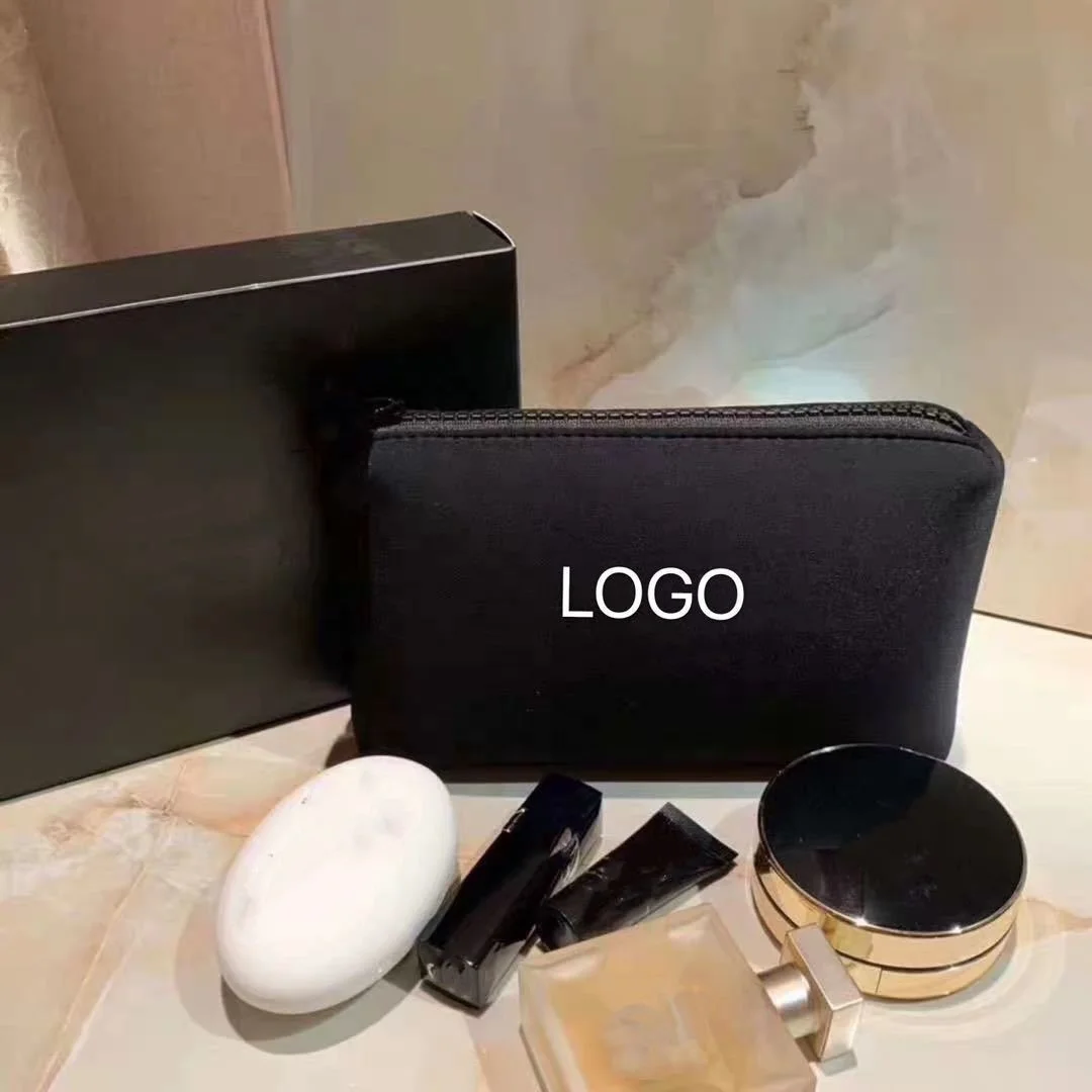 Hot selling Fashion Custom Logo Small Black Neoprene Toiletry Cosmetic Pouch Makeup Toilet Bags