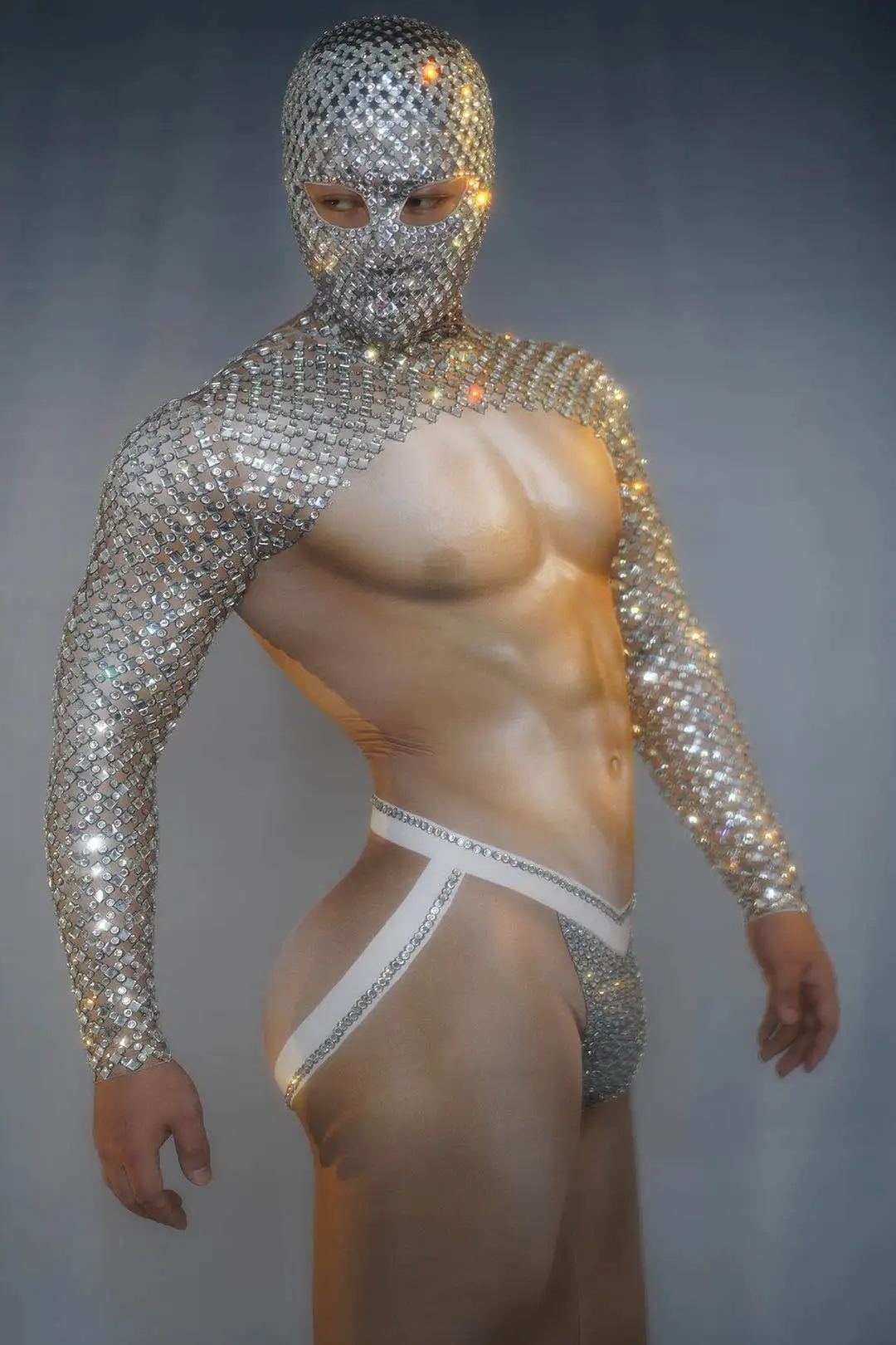 Sexy Nude Leotard Men Stage Wear Rave Party Show DS Costume Muscle Man Rhinestones Jumpsuit Bar Nightclub Performance Outfits