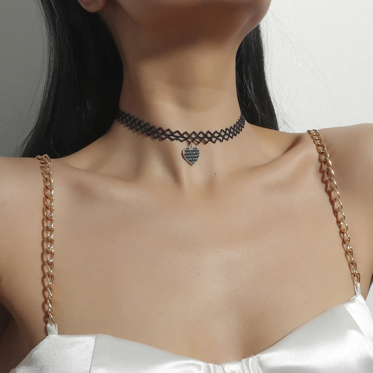 Fashion Gothic Victorian Tassel Tattoo Choker Necklace Lace Pendant Black Love Heart  Collar Vintage Women Wedding Jewelry