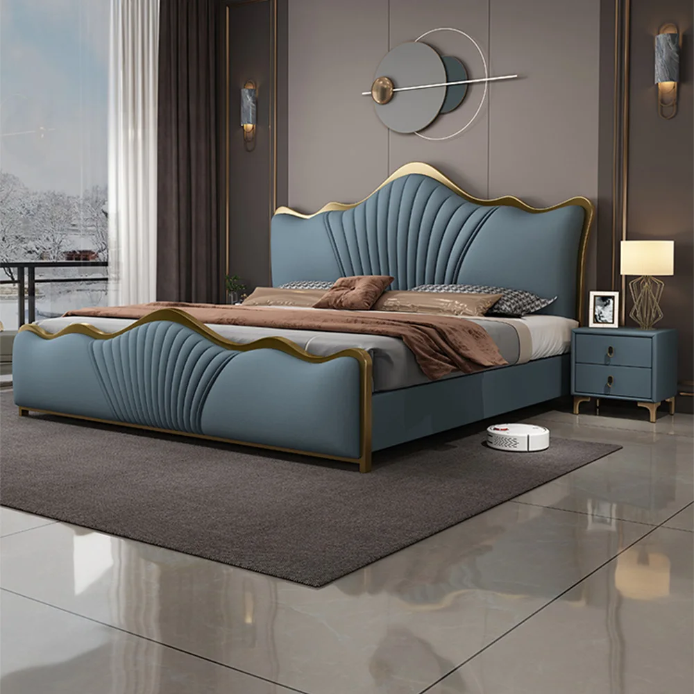 Italian Light Luxury Queen King Size Leather Bed Modern Soft Bag Double Bed Bedroom Furniture Up-holstered Bed Frame