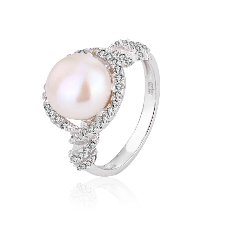 Kammy 9.5-10mm Custom Entanglement Zircon Gold Plated Luxury Dainty Natural Freshwater Pearl Wedding Engagement Rings For Women