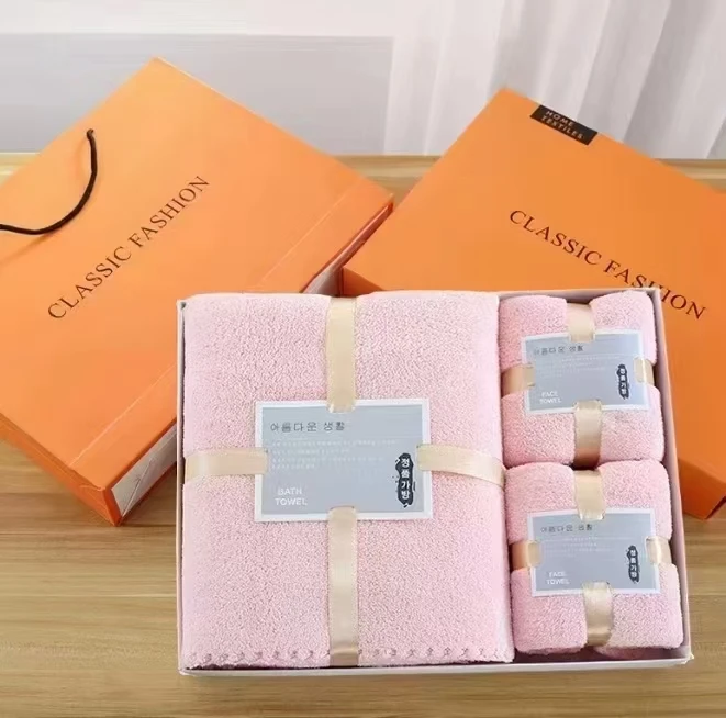 Custom Hot Sell Coral Fleece Towel Gift Box Set High Density Absorbent Soft Coral Fleece Bath Face Towel Promotional Gift Sets