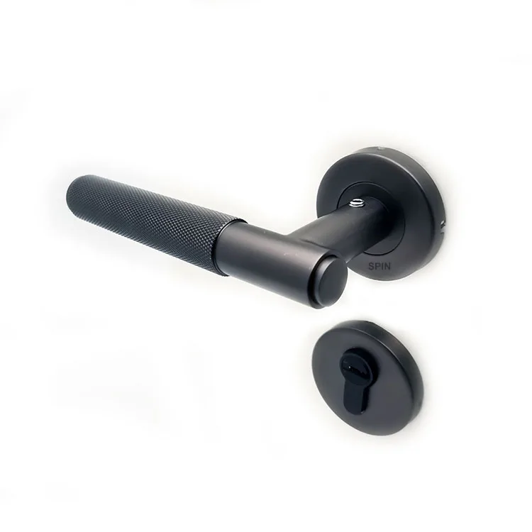 High Luxury Modern Design Stainless Steel Lever Square Black Satin Knurled Door Handle with Lock for Bathroom & Window Use
