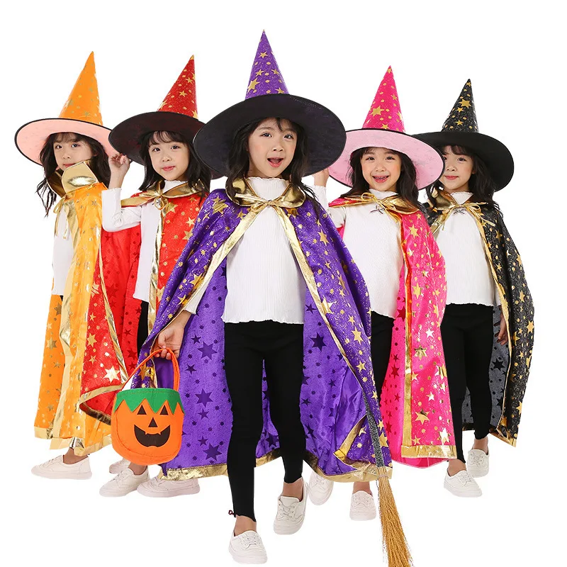 Cheap Wizard Cape Witch Cloak with Hat and Pumpkin Bag Photo Prop Outfit Set Unisex Halloween Party Costume  for Kids Cosplay