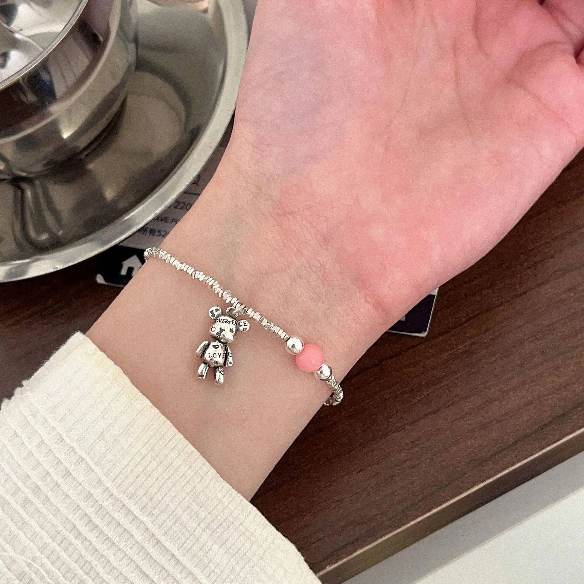 Temperament S925 Pure Silver Teddy Bear Charm Bracelet Female Style Pink Crystal Fashion Jewelry Wholesale