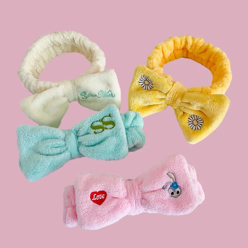 Customize LOGO Wholesale Coral Velvet Elastic Face Wash Headband Skincare Makeup Band Bow Bath Spa Facial Headband For Women