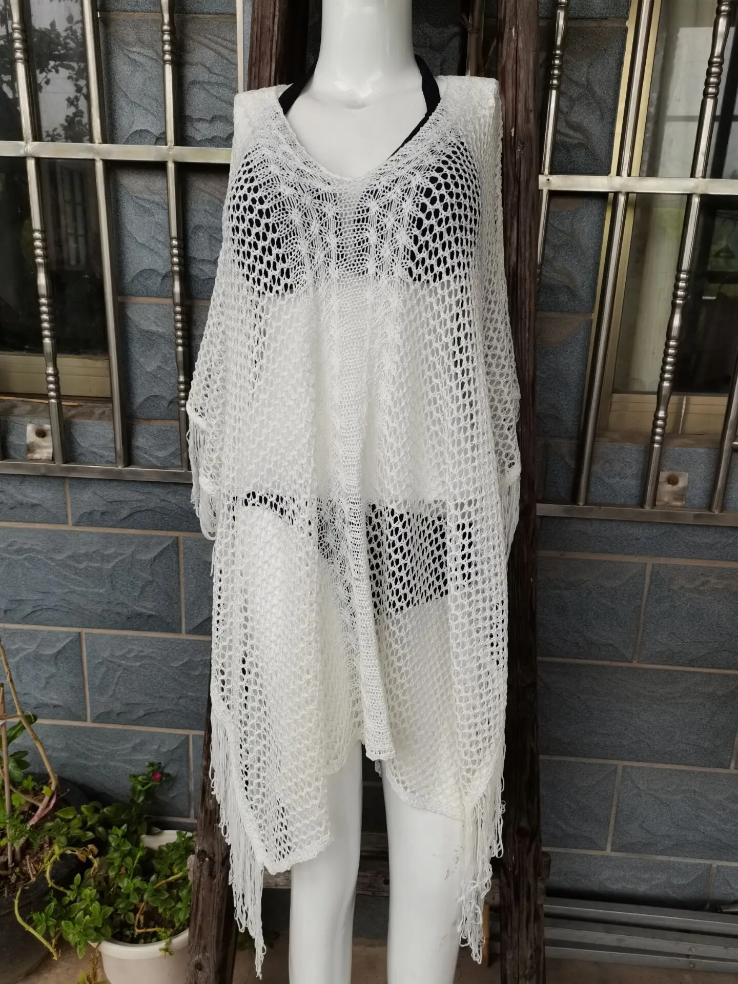 Amazon Hot Sale Womens Tassel Bathing Suit Cover Up for Beach Pool Swimwear White Sheer Crochet Beach Dress