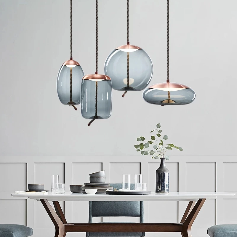 Minimalist Designer Hemp Rope Hanging Glass Pendant Light For Restaurant Bar Modern Nordic Ceiling Chandelier