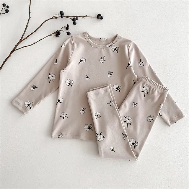 1 Pcs Custom Tag Floral Cotton Outfit Autumn Winter Baby Infant Boys Girls Clothing Long Sleeve Top Pants Toddler Clothes Set