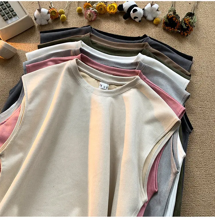 2024 new fashion streetwear unisex suede fabric blank solid color tank top heavyweight loose fit singlet vest for men