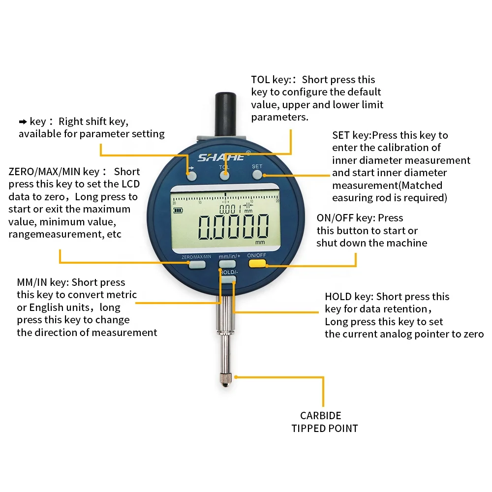 SHAHE NEW Metric/Inch 0-12.7 mm 0.0005mm Electronic Indicator with Rechargeable Battery Waterproof Digital Dial Indicator