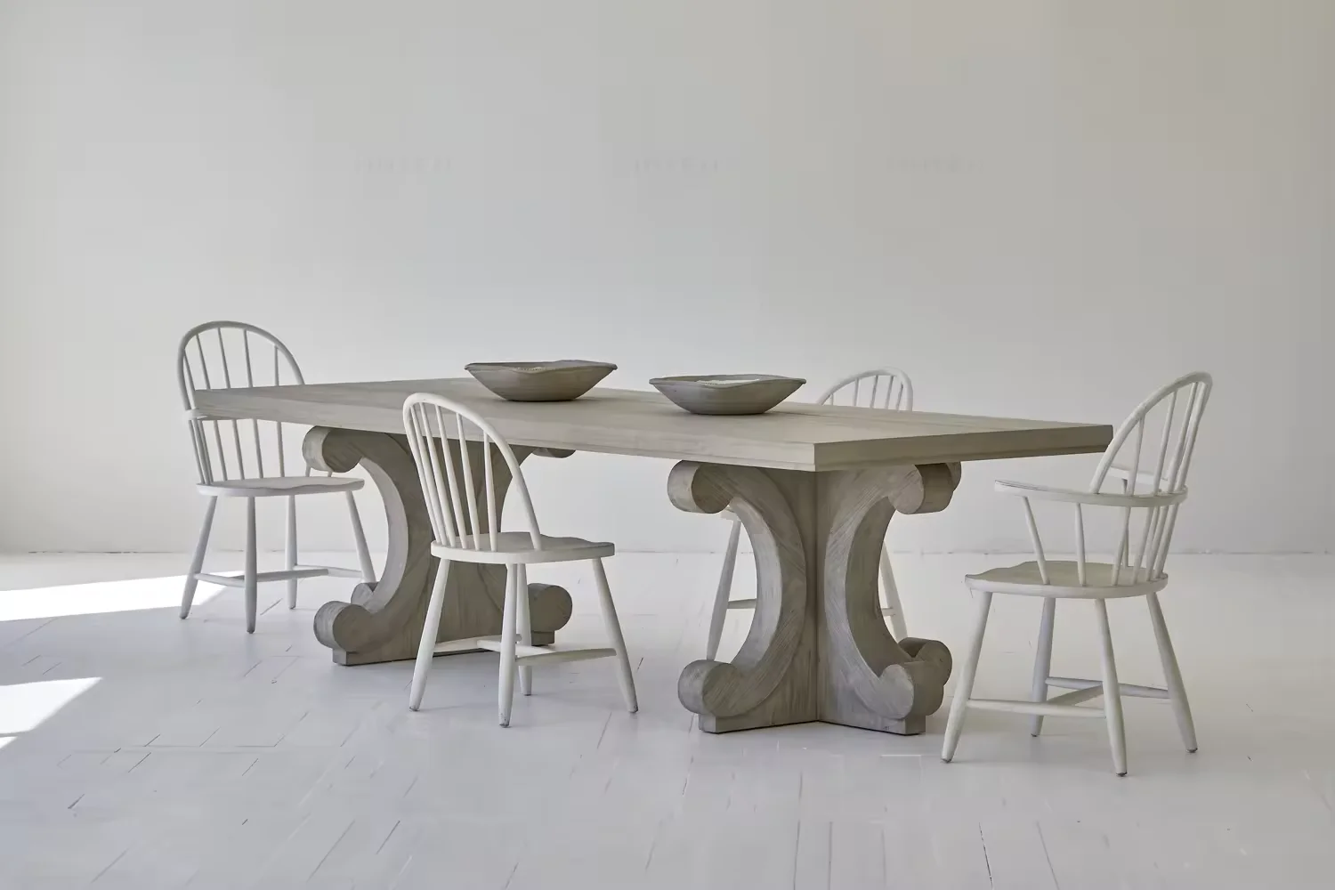 Classic 8-Seater White Pine Dining Table Set Natural Light Wooden Dining Room Furniture Farmhouse Hall Commercial Use Home Hotel