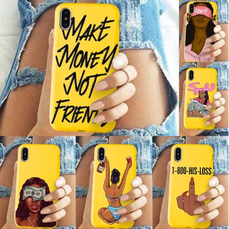 high fashion phone case for iphone 8, for iphone 11 pro max x xr make money not friends black girl case for girls