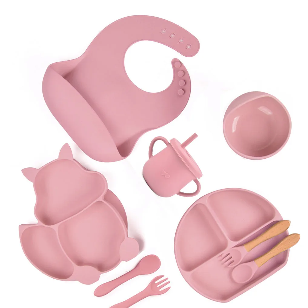 ECO Choose Baby Feeding Supplies Other Silicone Products Set Waterproof Bibs Suction Bowls Plate Spoon Fork Training Sippy Cup