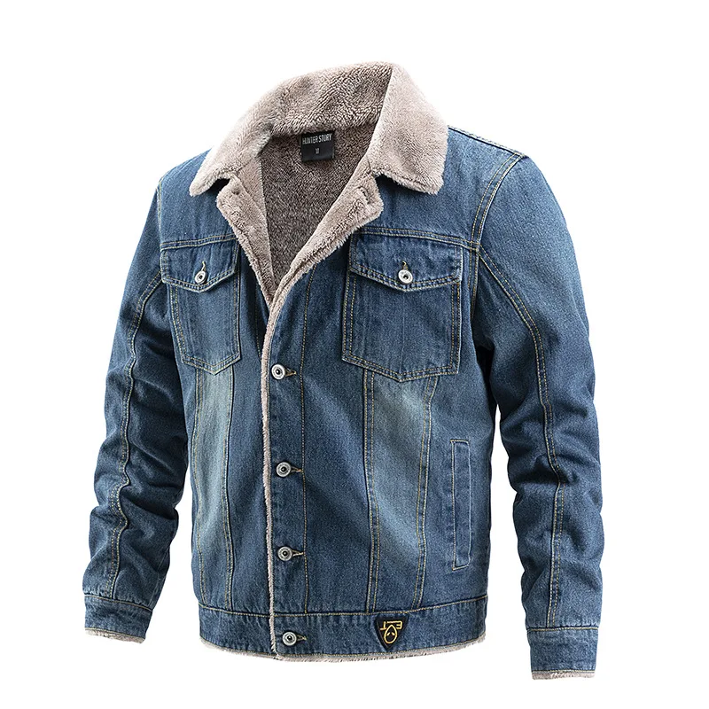 2022 Custom Wholesale Winter Blue Fleece Warm Casual Jeans Jacket For Men Denim Jacket