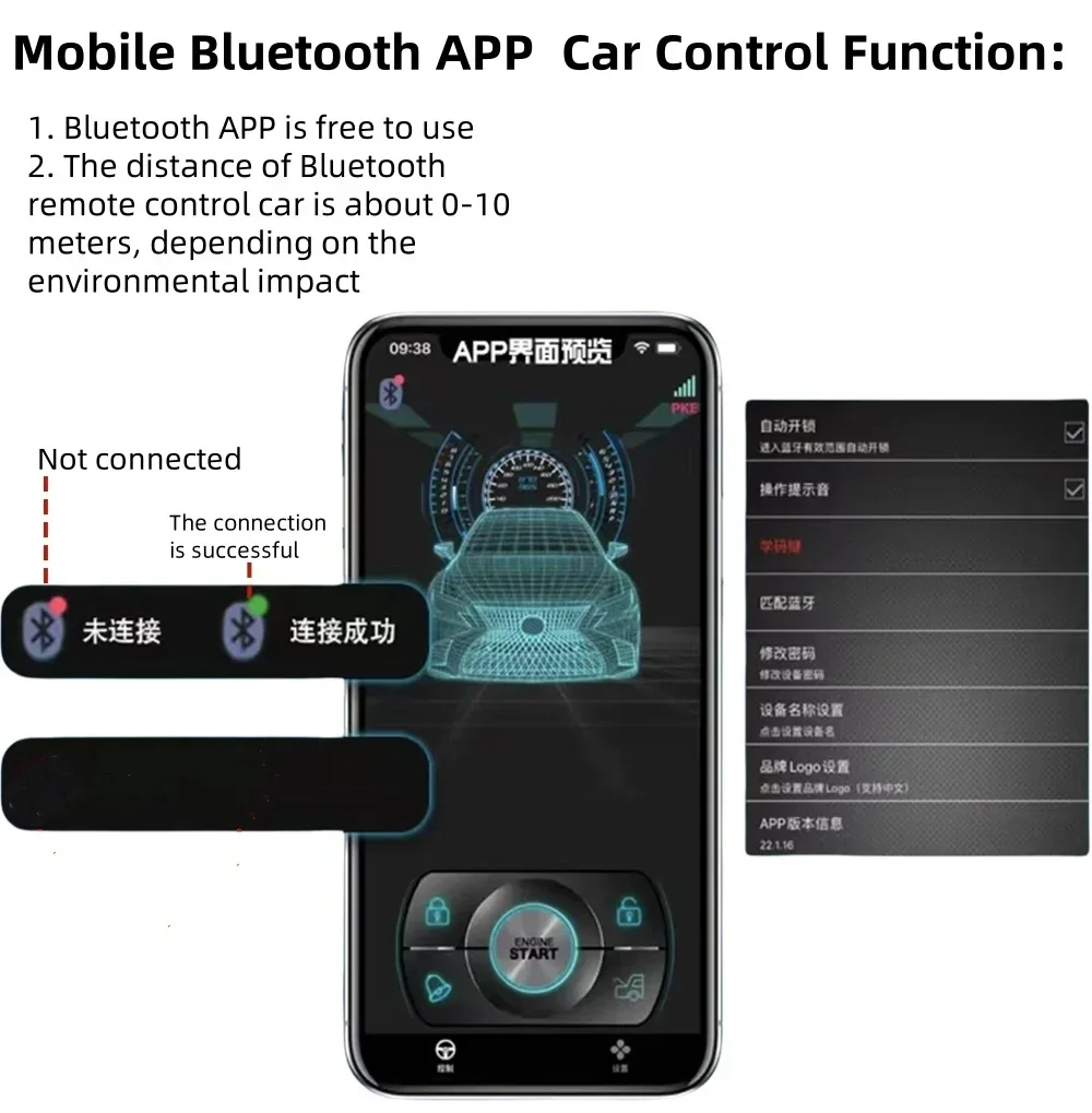 Universal12v car one-click start modification mobile phone control car keyless entry remote control one-way anti-theft device
