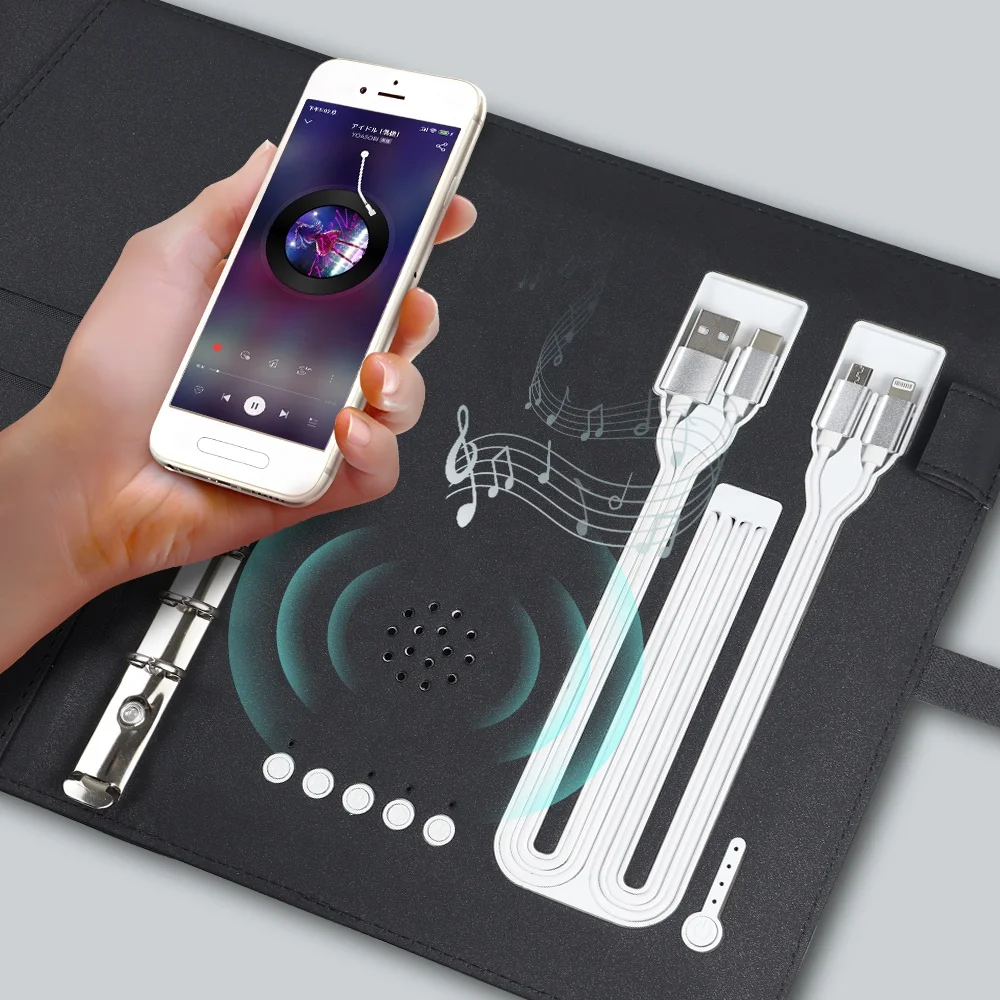 custom logo business gift luxury smart diary with power bank wireless charging notebook with bluetooth speaker