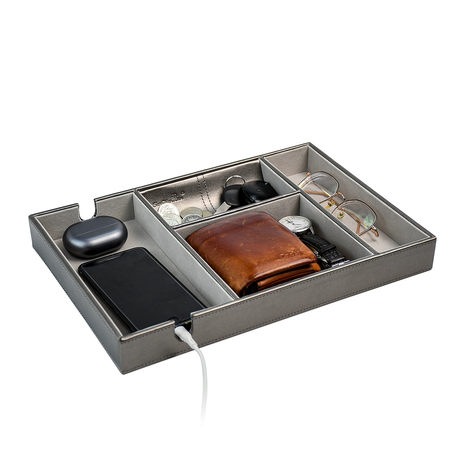 Creative Nightstand Leather Valet Tray Men Keys Watch Organizer On Table Bed Side Valet Box PU Leather Storage Catchall Tray